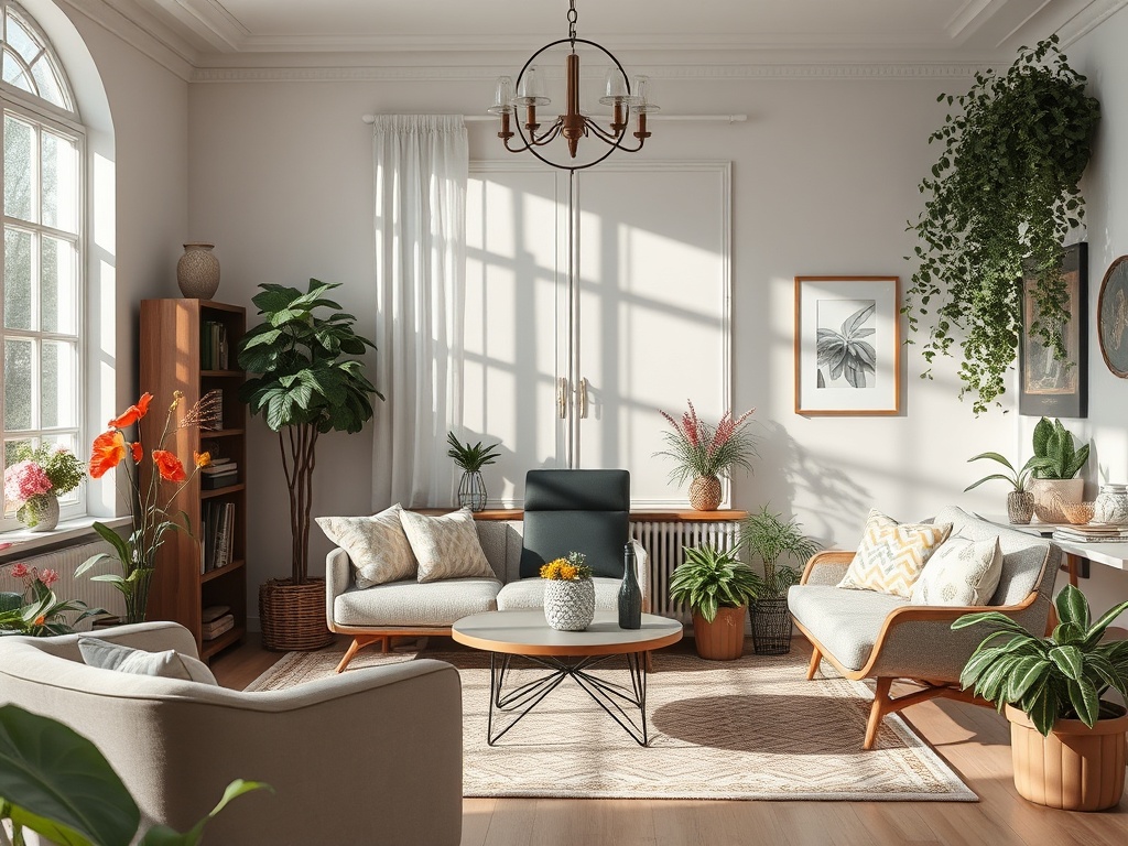 Светлая гостиная с уютной мебелью, зелеными растениями и солнечным светом, проникающим через окна.