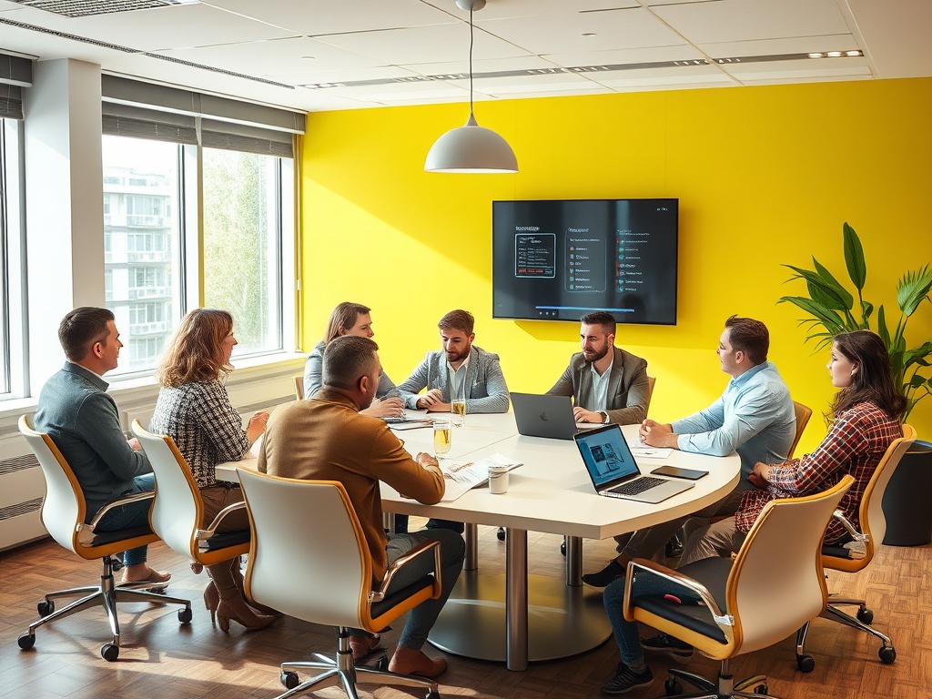 Совещание группы людей в светлом офисе с желтой стеной и экраном. На столе ноутбуки и чашки.