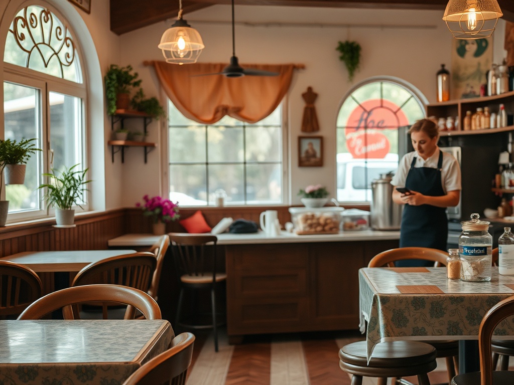 Уютное кафе с деревянной мебелью, где девушка в форме смотрит в телефон, а за окном видны растения.