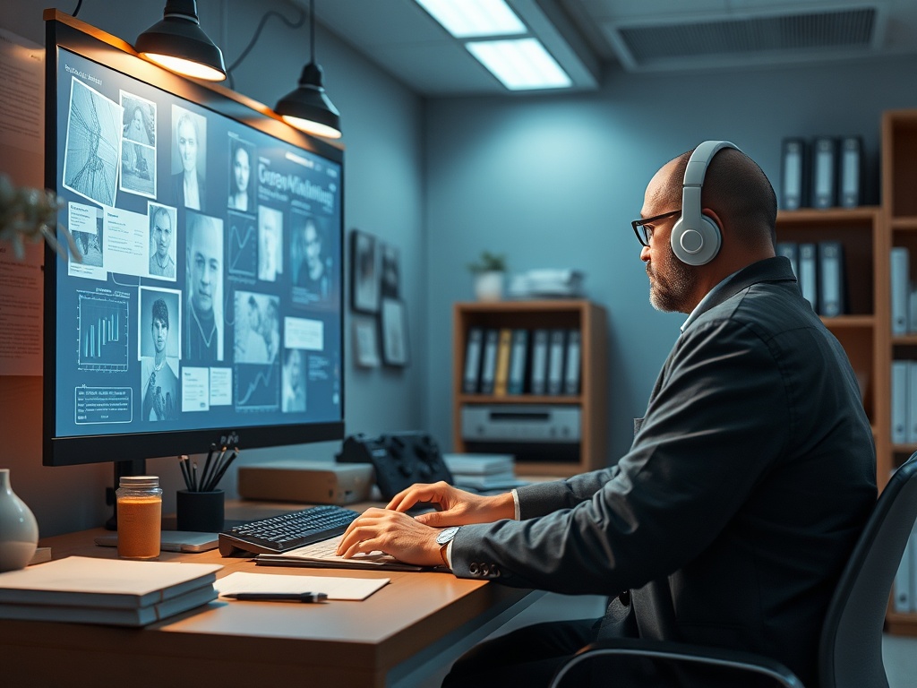 Человек в наушниках работает за столом, изучая информацию на большом экране в офисе.