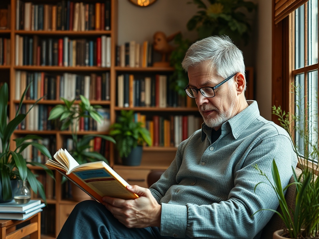 Мужчина читает книгу в уютном уголке, окружённый зелёными растениями и книгами на полках.