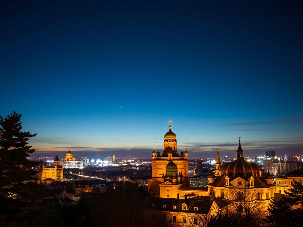 Городской пейзаж ночью с яркими огнями и исторической архитектурой на фоне глубокого синего неба.