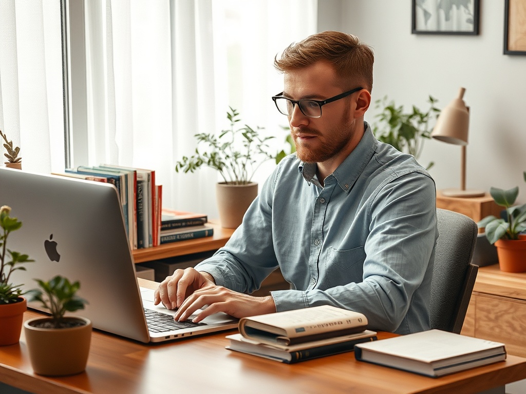 Молодой человек в очках работает за компьютером на столе с книгами и растениями. уютная атмосфера.