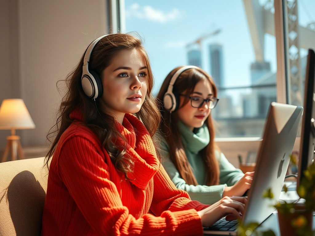 Две девушки в наушниках работают за компьютерами в ярком и комфортном офисе. Яркие цвета и теплый свет.