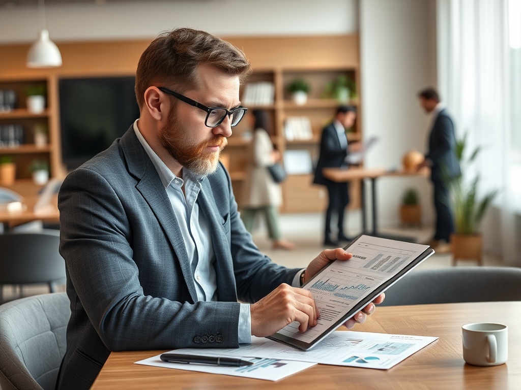 Мужчина в костюме изучает отчёт на планшете в современном офисе, вокруг сотрудники обсуждают работу.