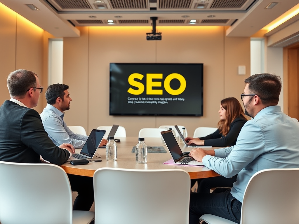 Встреча в конференц-зале, обсуждение SEO с участниками на ноутбуках и презентацией на экране.